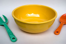 Fiesta Promotional Salad Bowl Unlisted in Original Yellow Glaze: 1940s dinnerware: Hard to Find Go-Along Fiestaware Pottery For Sale Fiesta Promotional Salad Bowl Unlisted in Original Yellow Glaze: 1940s dinnerware: Hard to Find Go-Along Fiestaware Pottery For Sale