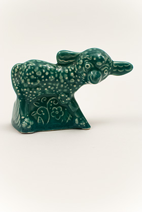 Harlequin Animal Novelty Lamb in Spruce Green Glaze Homer Laughlin Pottery for Woolworths