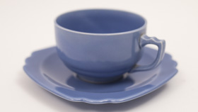Vintage Riviera Pottery Teacup and Saucer Set in Original Mauve Blue Glaze