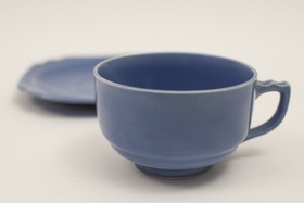 Vintage Riviera Pottery Teacup and Saucer Set in Original Mauve Blue Glaze