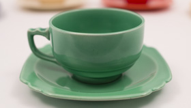 Vintage Riviera Pottery Teacup and Saucer Set in Original Mauve Blue Glaze