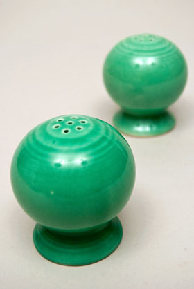 Vintage Fiestaware Salt and Pepper Shakers in Original Original Green Glaze For Sale Vintage Fiestaware Salt and Pepper Shakers in Original Original Green Glaze For Sale
