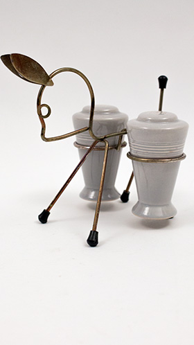 Vintage Harlequin Pottery Salt and Pepper Shakers in Original Gray Glaze with Donkey Holder
