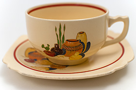Mexicana Decal Ware Homer Laughlin Red Stripe Teacup and Saucer Set