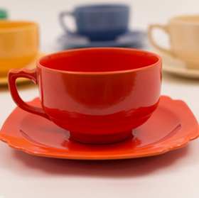 Vintage Riviera Pottery Teacup and Saucer Set in Original Radioactive Red Glaze