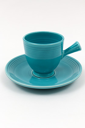 Turquoise Vintage Fiesta Demitasse Cup and Saucer Set Fiestaware Pottery For Sale Turquoise Vintage Fiesta Demitasse Cup and Saucer Set Fiestaware Pottery For Sale