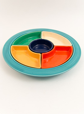 Fiesta Relish Tray: Complete, Original All Red Vintage Fiestaware For Sale Fiesta Relish Tray: All Six Original Colors on Green Base