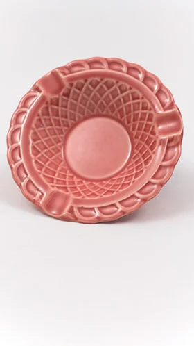 Harlequin Pottery Basketweave Ashtray in Original 1940s Rose Glaze