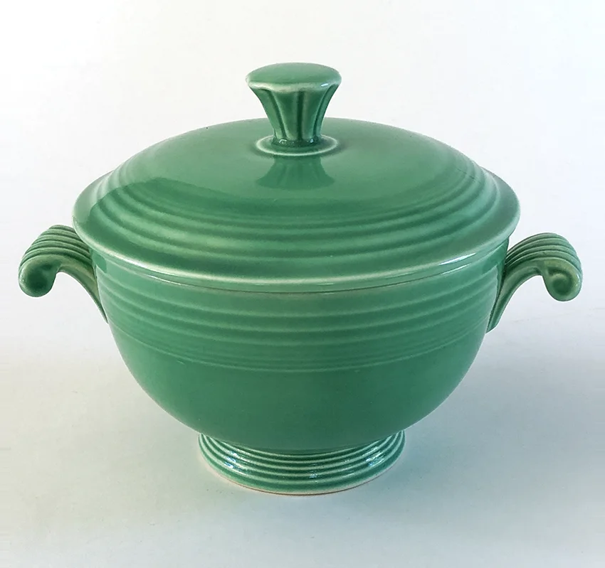 original green vintage fiestaware covered onion soup bowl