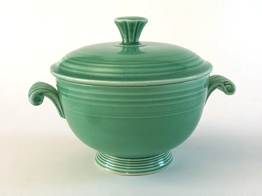 original green vintage fiestaware covered onion soup bowl