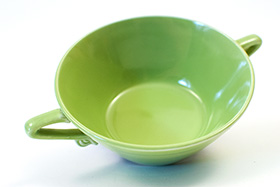Vintage Harlequin Pottery Cream Soup Bowl in Original Chartreuse Glaze 50s Art Deco Dinnerware
