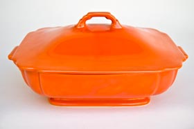 Riviera Covered Casserole in Original Red Vellum Glaze For Sale Vintage Pottery 30s Americana Art Deco Dinnerware
      