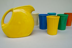            Riviera Pottery: Rare Yellow Juice Disk Pitcher for Sale: Vintage Homer Laughlin Pottery: 30s 40s Fiestaware Americana Dinnerware        