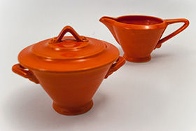 Harlequin Red Sugar Bowl and Creamer: Gift, Rare, Hard to Find, Buy Onlline Now, American Antique Pottery