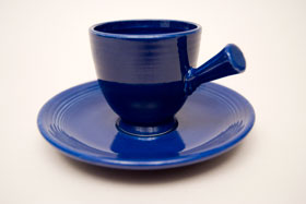 Vintage Fiestaware Demitasse Stick Handle Cup and Saucer Set in Original Cobalt Blue Glaze For Sale