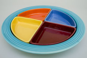 Harlequin Pottery For Sale: Relish Tray: Turquoise Red Maroon Mauve Yellow