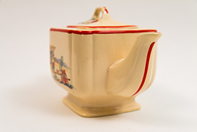 Vintage Homer Laughlin Century Teapot with Red Stripes and Hacienda Mexican Southwest Decalware 30s 40s Tableware