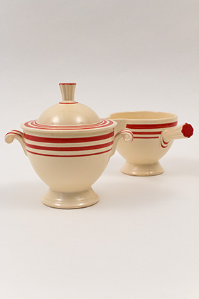 Rare Vintage Fiesta Red Stripe Sugar and Creamer Set for Sale 1936 Trial Versions Marked F100 Early Experimental Homer Laughlin Pottery
