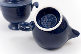 Vintage Fiesta Sugar Bowl and Ring Handled Creamer Set in Original Blue Glaze 30s 40s Pottery