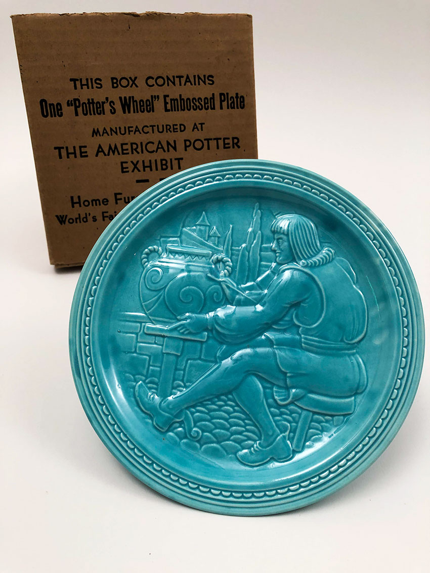 1939 American Potter New York Worlds Fair Turquoise Embossed Plaque in Original Box for Sale