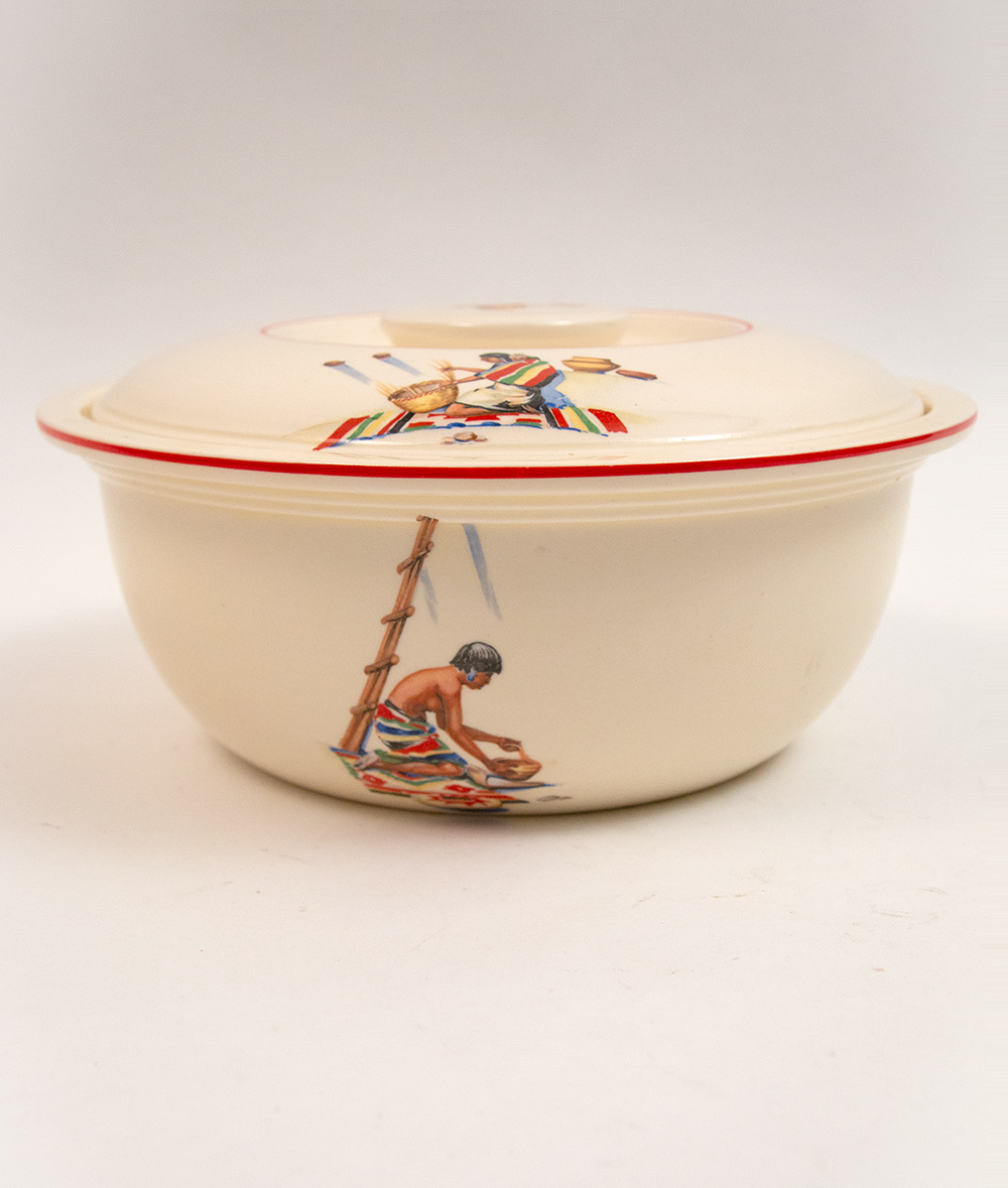 pueblo kitchen kraft red stripe decalware casserole
