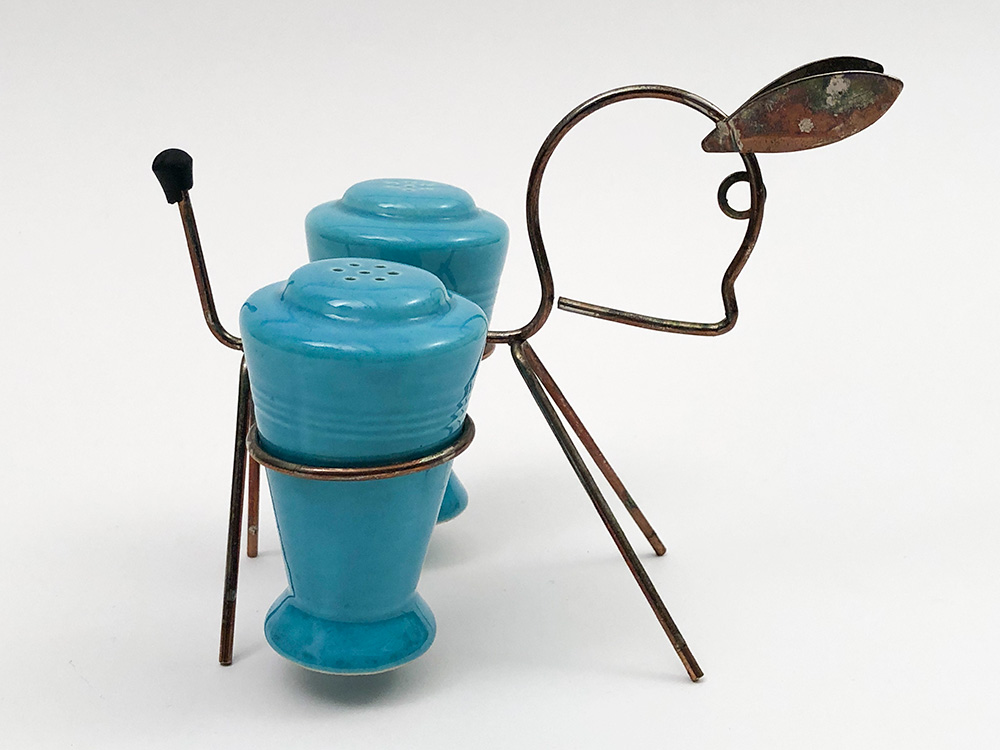 turquoise harlequin shakers in original metal donkey holder