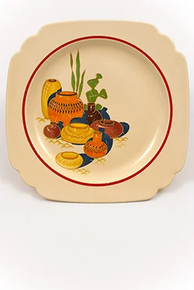 Mexicana Decalware Homer Laughlin Ivory Luncheon Plate with Southwestern Theme Decals and Red Stripes