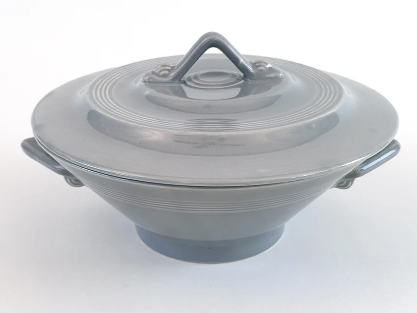 1950s gray vintage homer laughlin harlequin casserole with lid