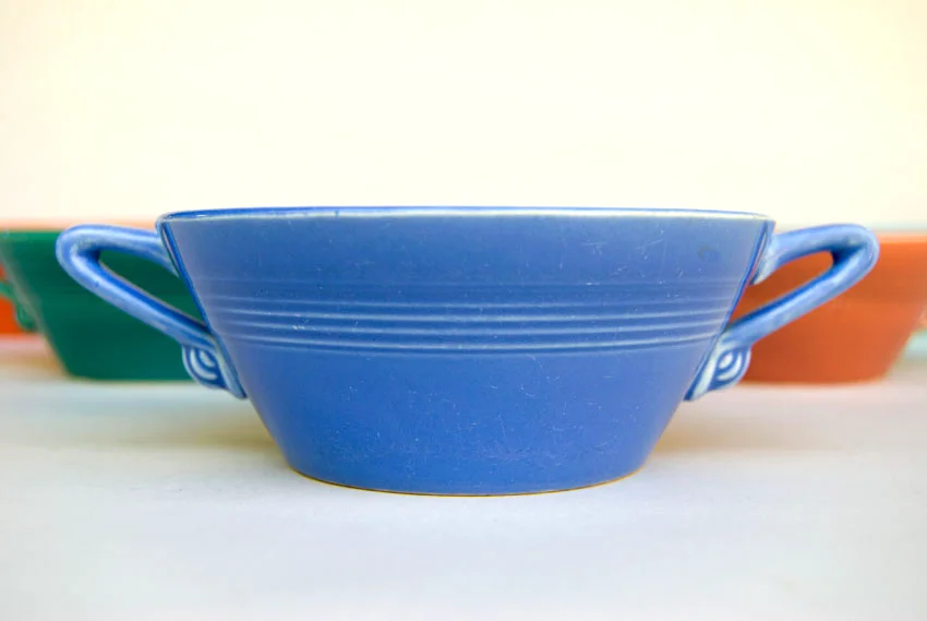 Mauve Blue Harlequin cream soup bowl vintage 1940s dinnerware