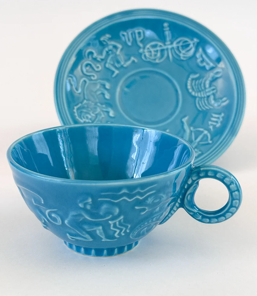 Rare 1940 American Potter New York Worlds Fair Turquoise Zodiac Cup and Saucer Set for Sale