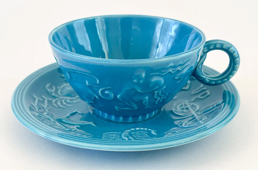 Rare 1940 American Potter New York Worlds Fair Turquoise Zodiac Cup and Saucer Set for Sale