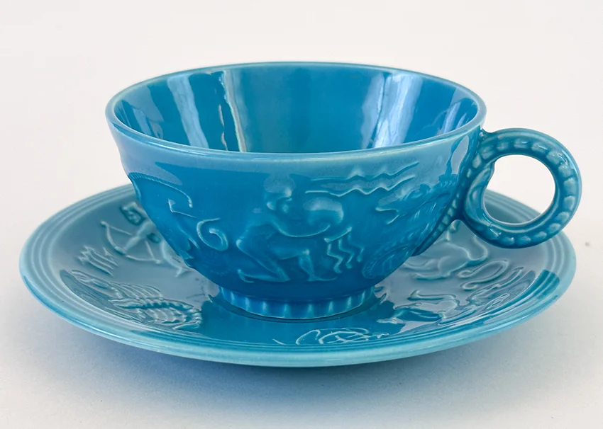 Rare 1940 American Potter New York Worlds Fair Turquoise Zodiac Cup and Saucer Set for Sale