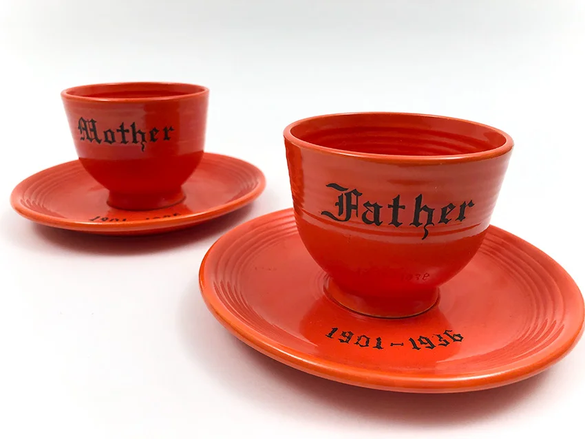 pair red vintage fiesta flat bottomed teacup and saucer sets with mother father 1936 decals