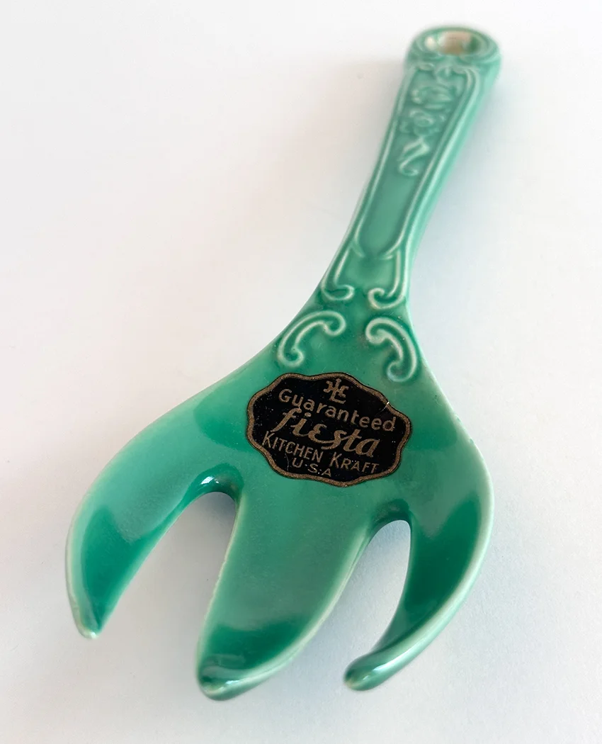 green vintage fiesta kitchen kraft fork with original paper label