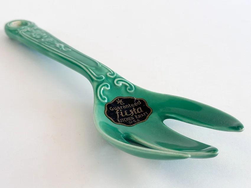 green vintage fiesta kitchen kraft fork with original paper label