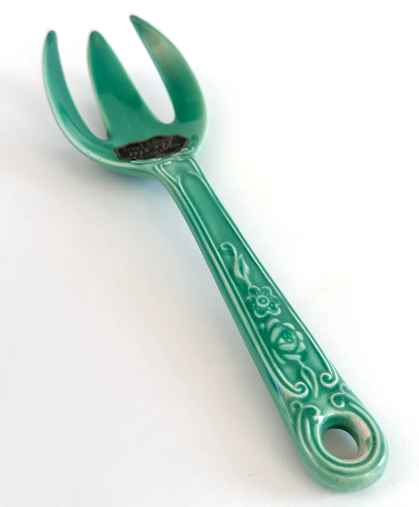 green vintage fiesta kitchen kraft fork with original paper label