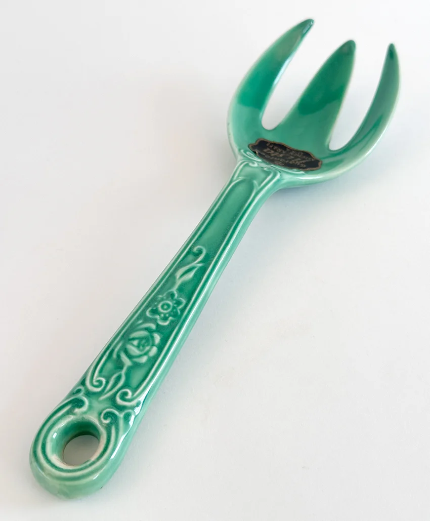 green vintage fiesta kitchen kraft fork with original paper label