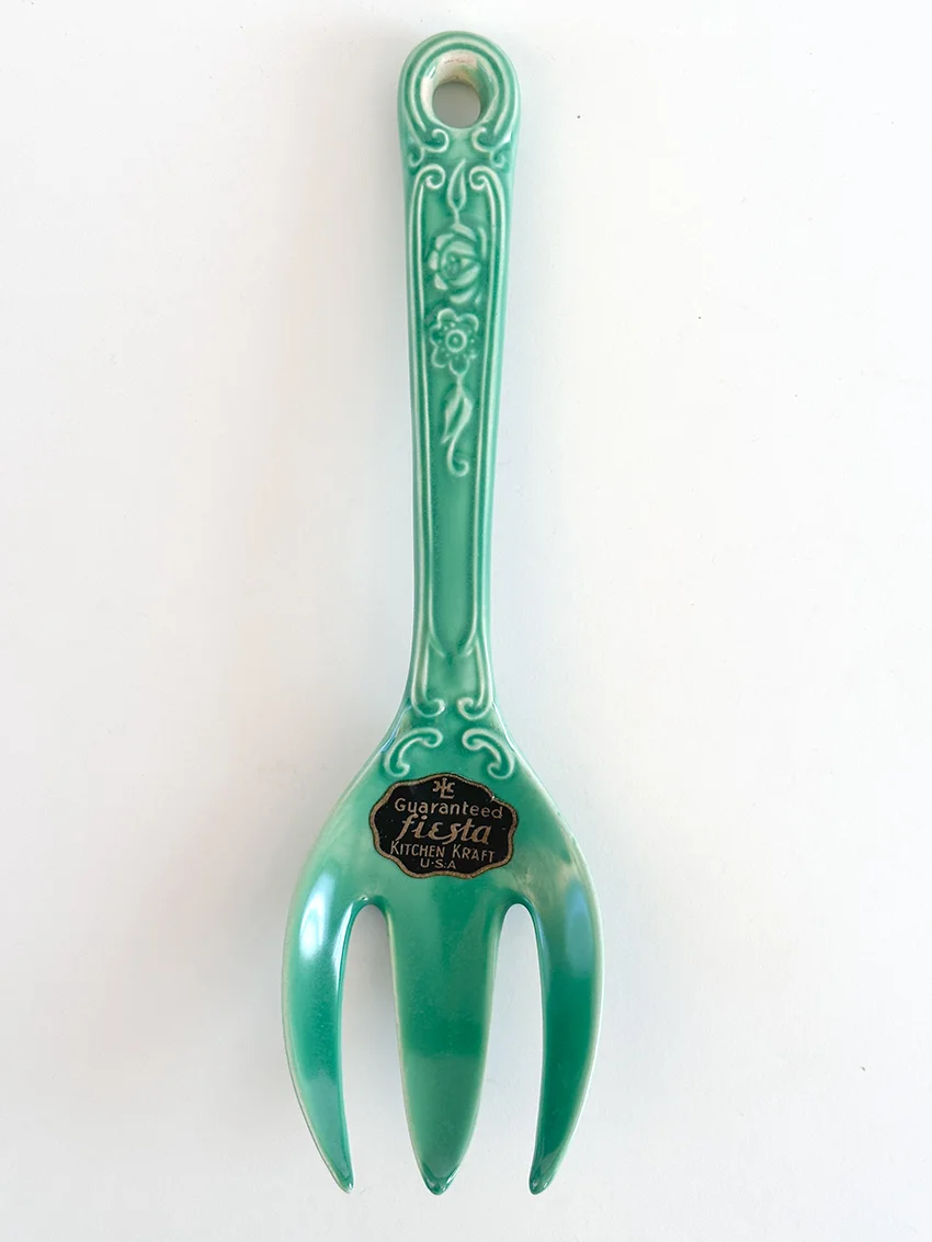 green vintage fiesta kitchen kraft fork with original paper label