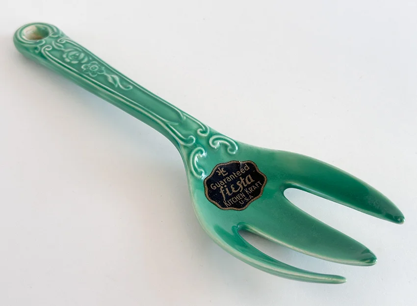 green vintage fiesta kitchen kraft fork with original paper label