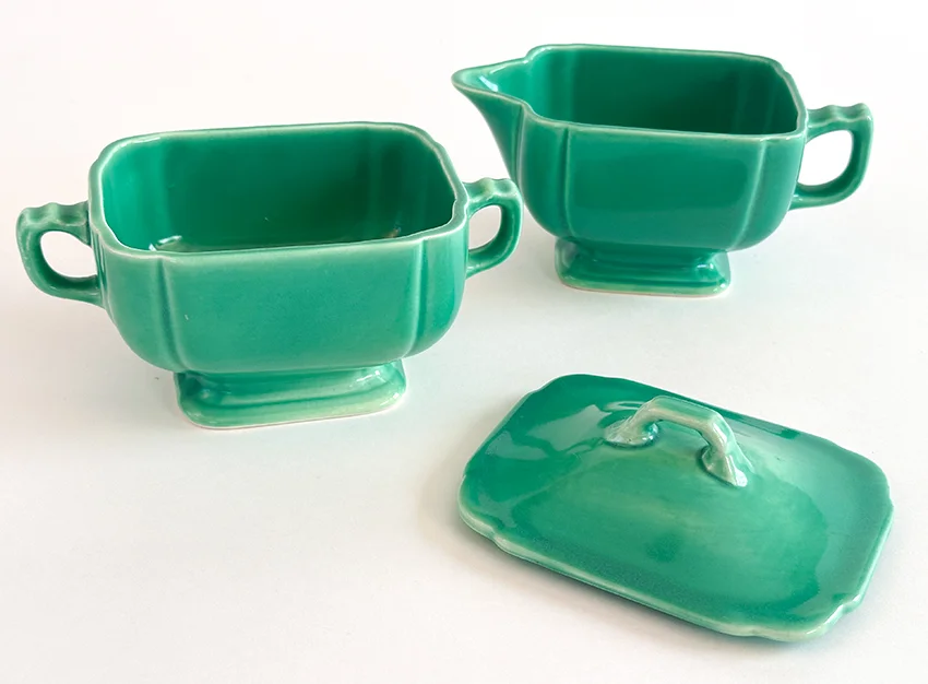 original green homer laughlin vintage riviera dinnerware sugar and creamer set for sale