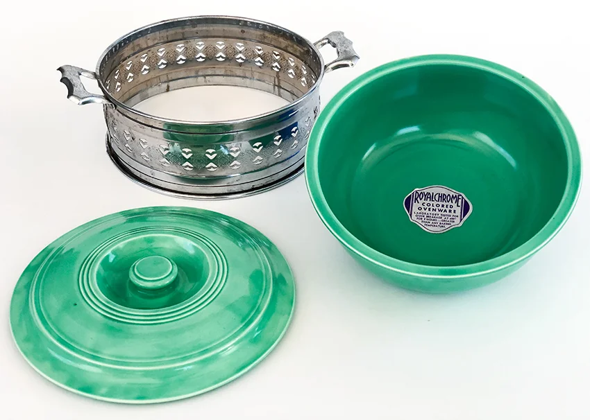 Vintage Fiesta Green Promotional Casserole with Holder and Original Foil Sticker made for Royal Metal