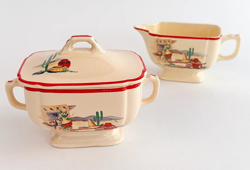 hacienda homer laughlin decalware sugar bowl and creamer set with southwestern decals and red stripes for sale