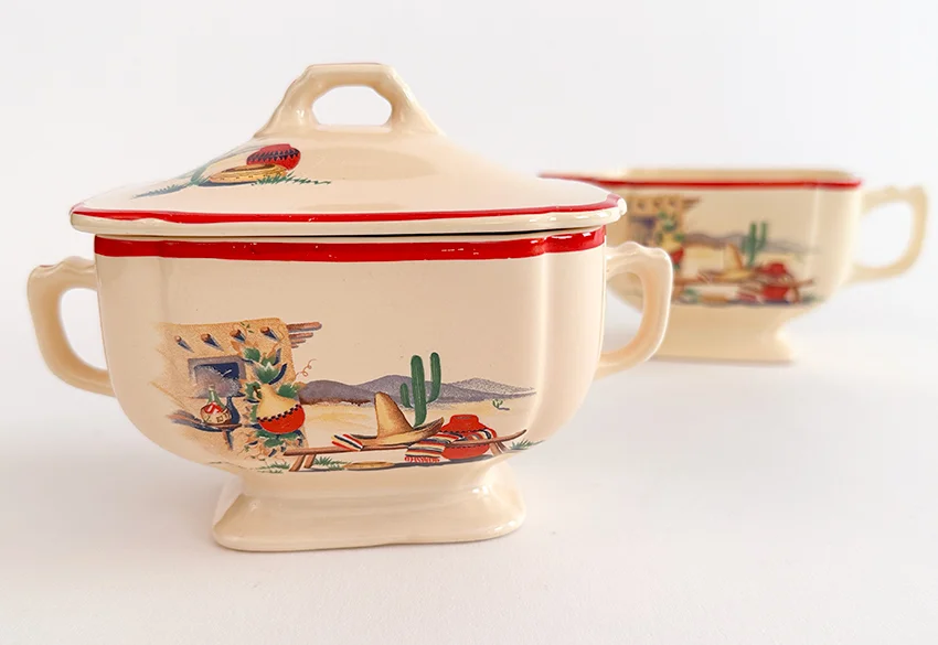 hacienda homer laughlin decalware sugar bowl and creamer set with southwestern decals and red stripes for sale