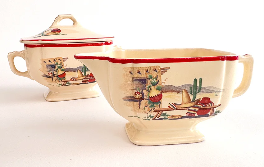 hacienda homer laughlin decalware sugar bowl and creamer set with southwestern decals and red stripes for sale