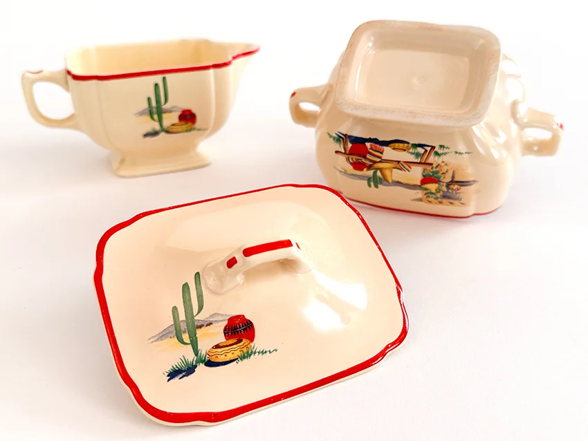 hacienda homer laughlin decalware sugar bowl and creamer set with southwestern decals and red stripes for sale