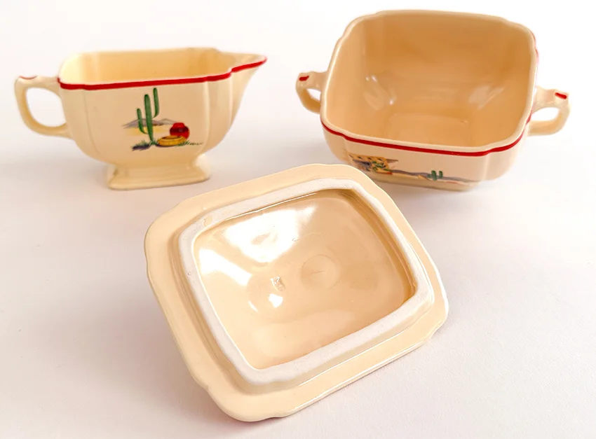 hacienda homer laughlin decalware sugar bowl and creamer set with southwestern decals and red stripes for sale