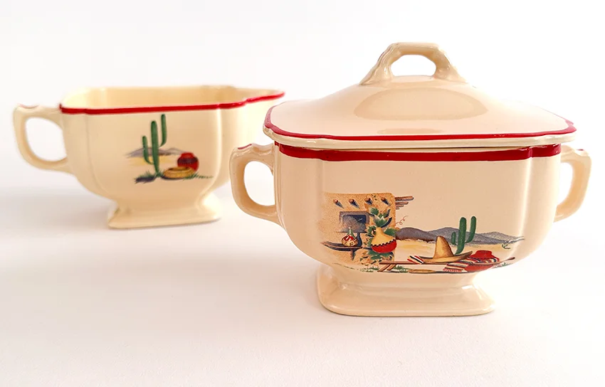 hacienda homer laughlin decalware sugar bowl and creamer set with southwestern decals and red stripes for sale