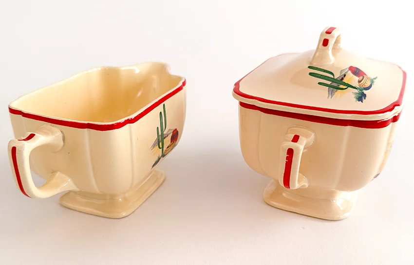 hacienda homer laughlin decalware sugar bowl and creamer set with southwestern decals and red stripes for sale