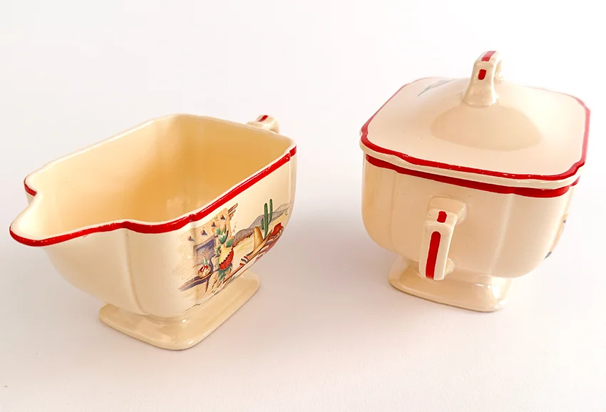 hacienda homer laughlin decalware sugar bowl and creamer set with southwestern decals and red stripes for sale