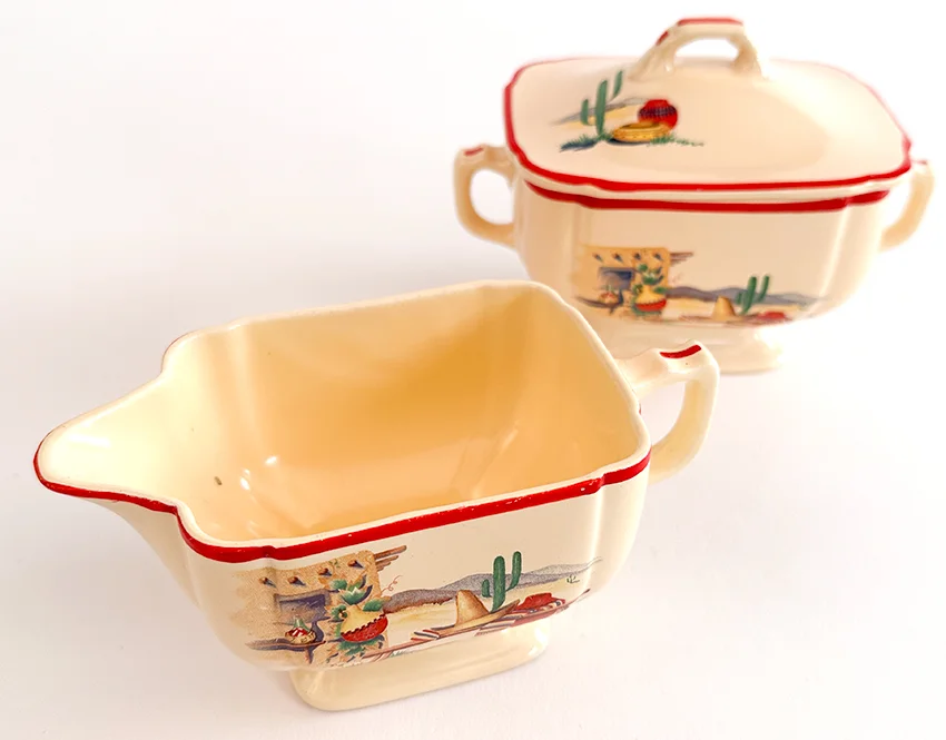 hacienda homer laughlin decalware sugar bowl and creamer set with southwestern decals and red stripes for sale